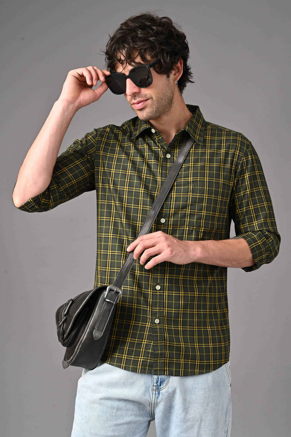 Checked Cotton Casual Shirt - olive green (image 2)