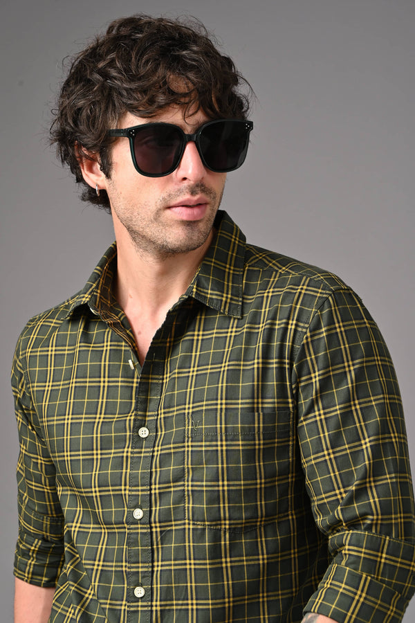 Checked Cotton Casual Shirt - olive green (image 4)
