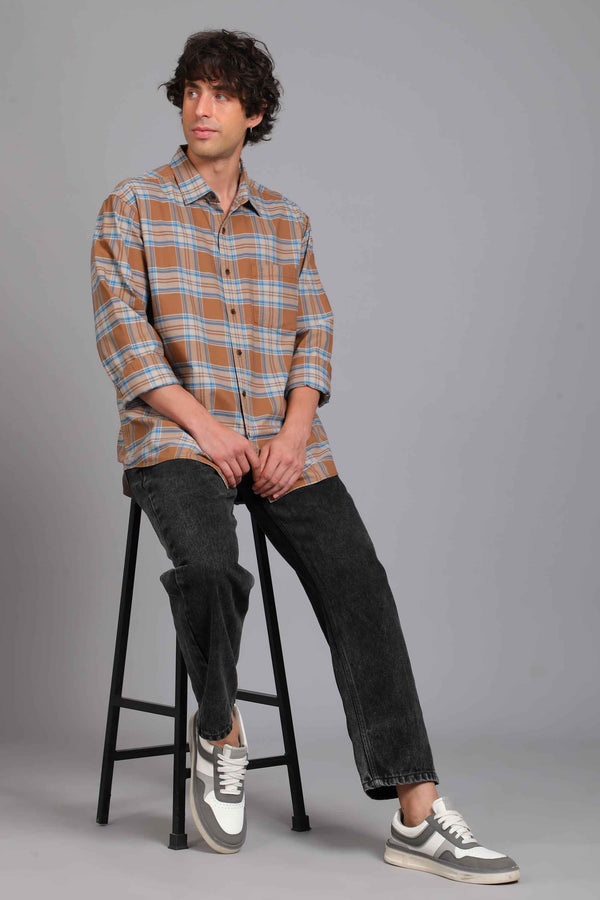 Checked Cotton Casual Shirt - Brown & Blue (image 1)