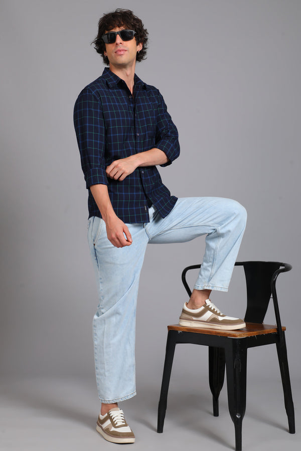 Checked Cotton Casual Shirt - Navy Blue (image 1)