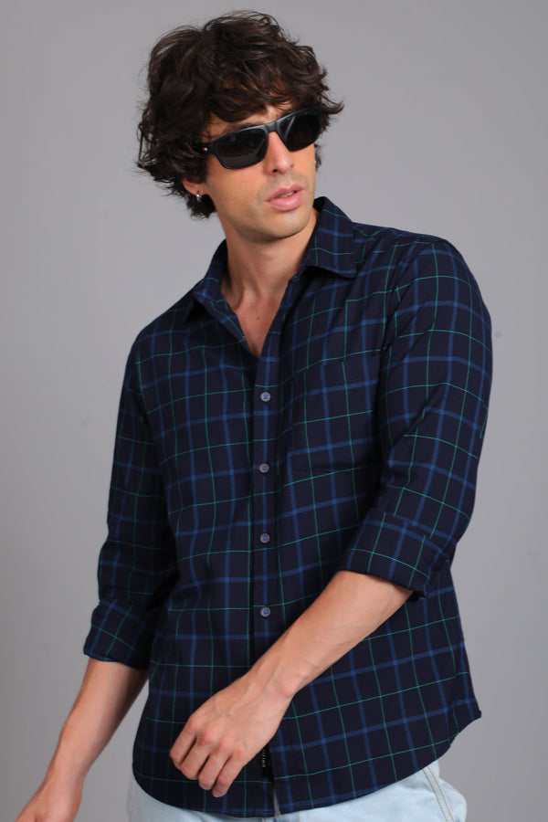 Checked Cotton Casual Shirt - Navy Blue (image 6)