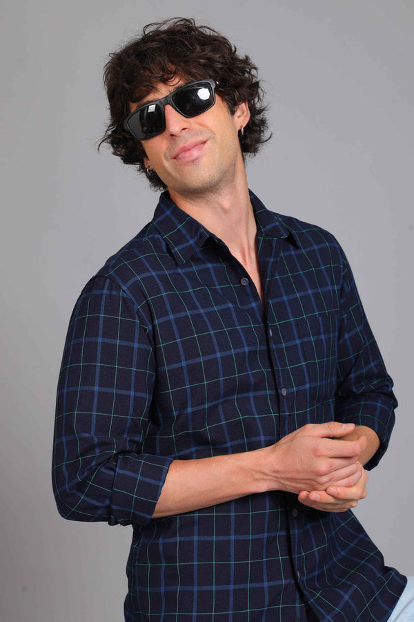 Checked Cotton Casual Shirt - Navy Blue (image 5)