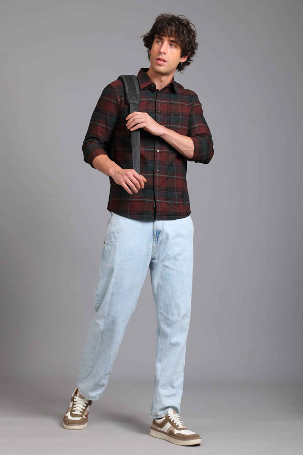 Checked Cotton Casual Shirt - Maroon & Forest Green alternate view