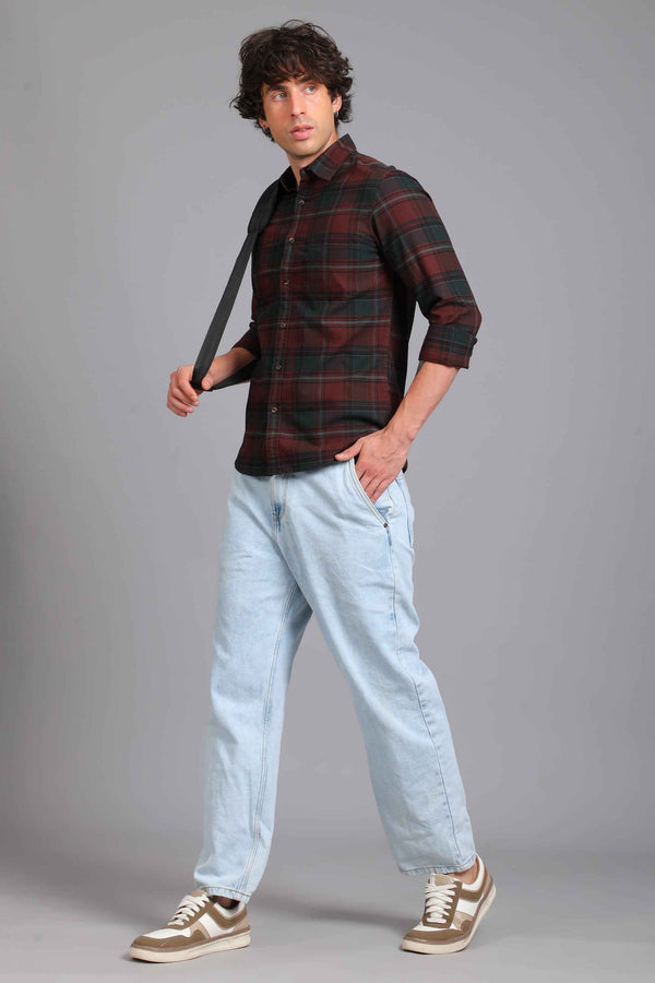 Checked Cotton Casual Shirt - Maroon & Forest Green