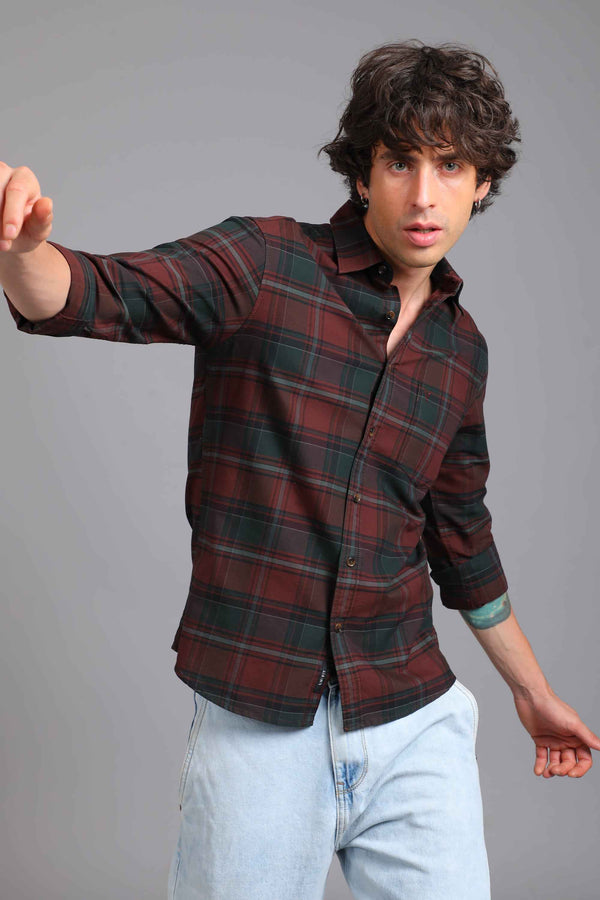 Checked Cotton Casual Shirt - Maroon & Forest Green (image 1)