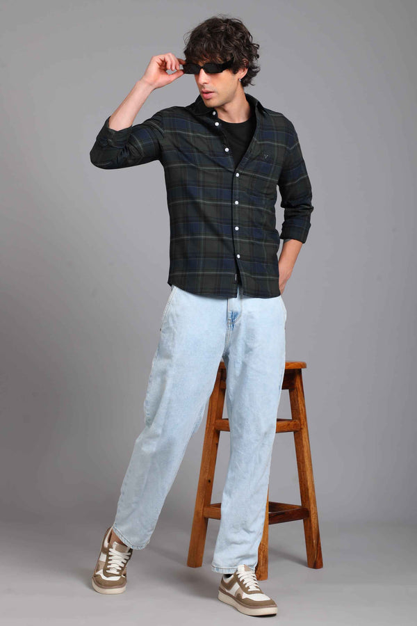 Checked Cotton Casual Shirt - Green & Navy alternate view