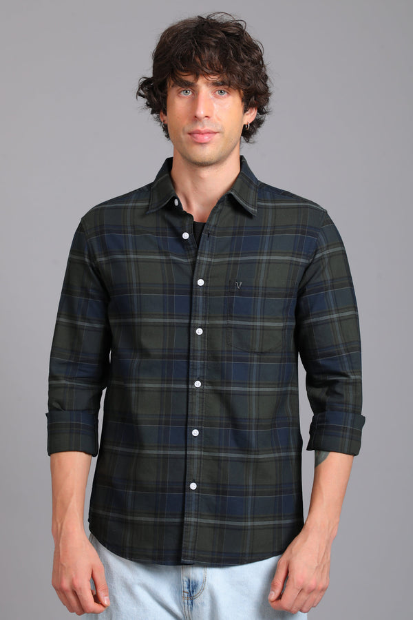 Checked Cotton Casual Shirt - Green & Navy (image 5)