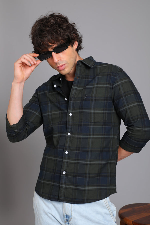 Checked Cotton Casual Shirt - Green & Navy (image 4)