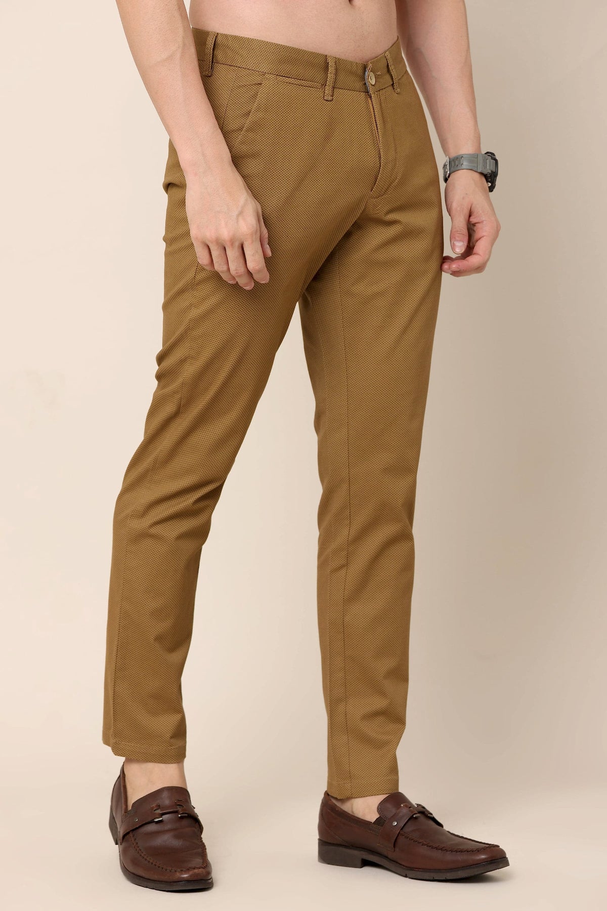 Classic Chocolate  Brown Cotton Checked Chinos in Brown