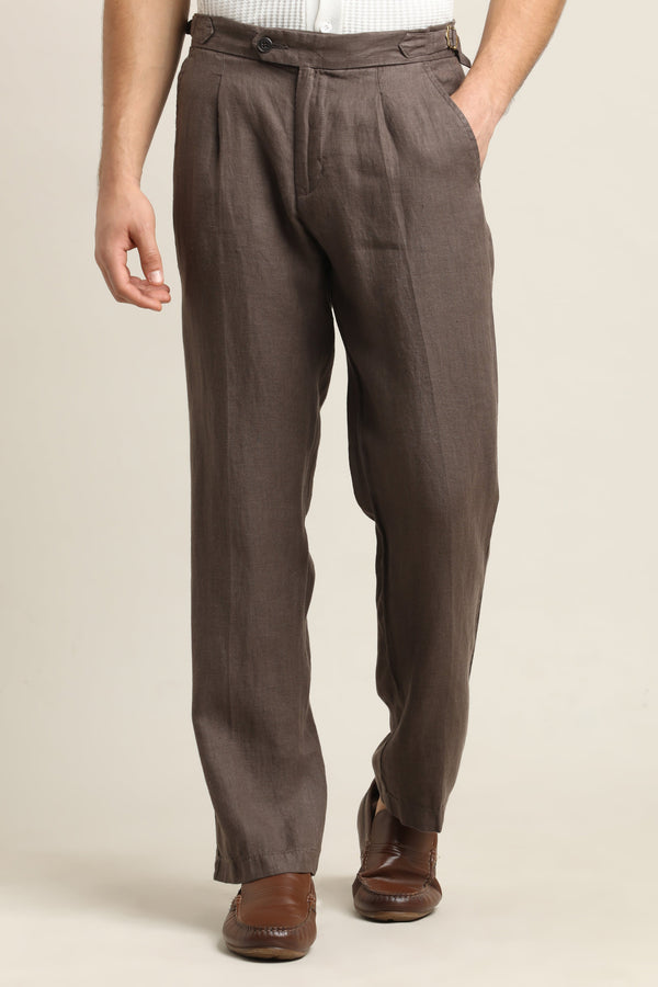 Pure Linen Pleated Trouser - Chocolate Brown (image 1)
