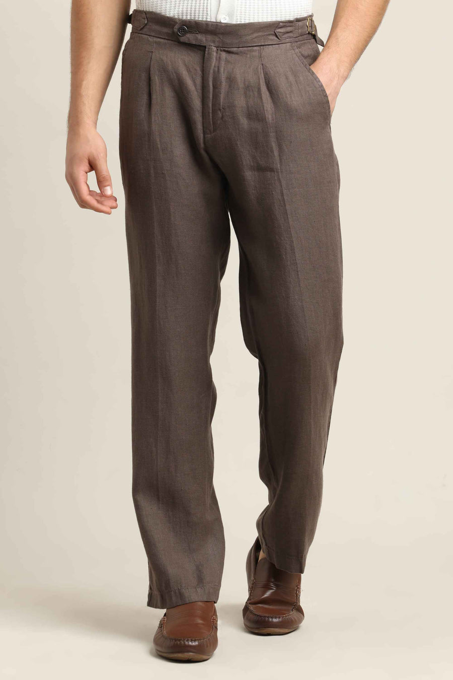 Pure Linen Pleated Trouser – Chocolate Brown
