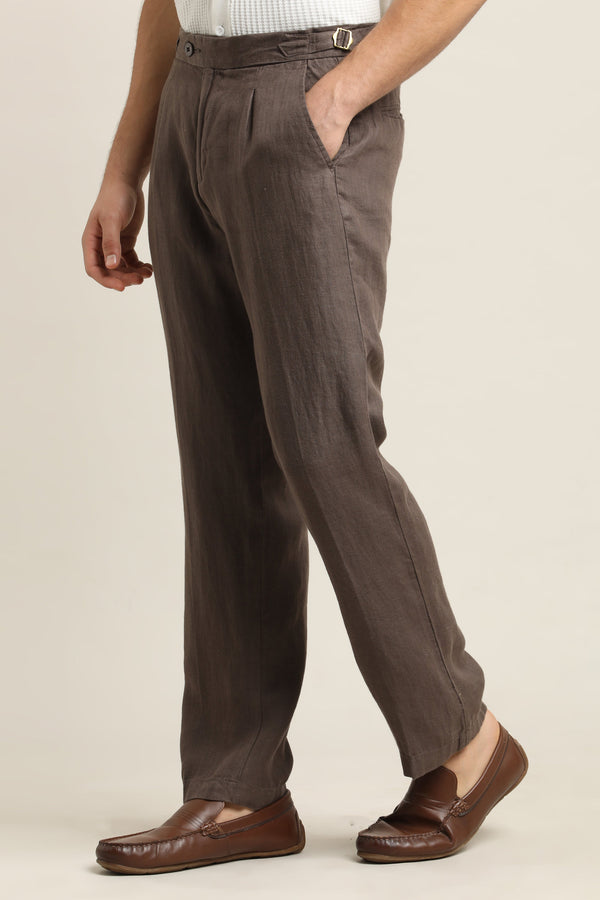 Pure Linen Pleated Trouser - Chocolate Brown