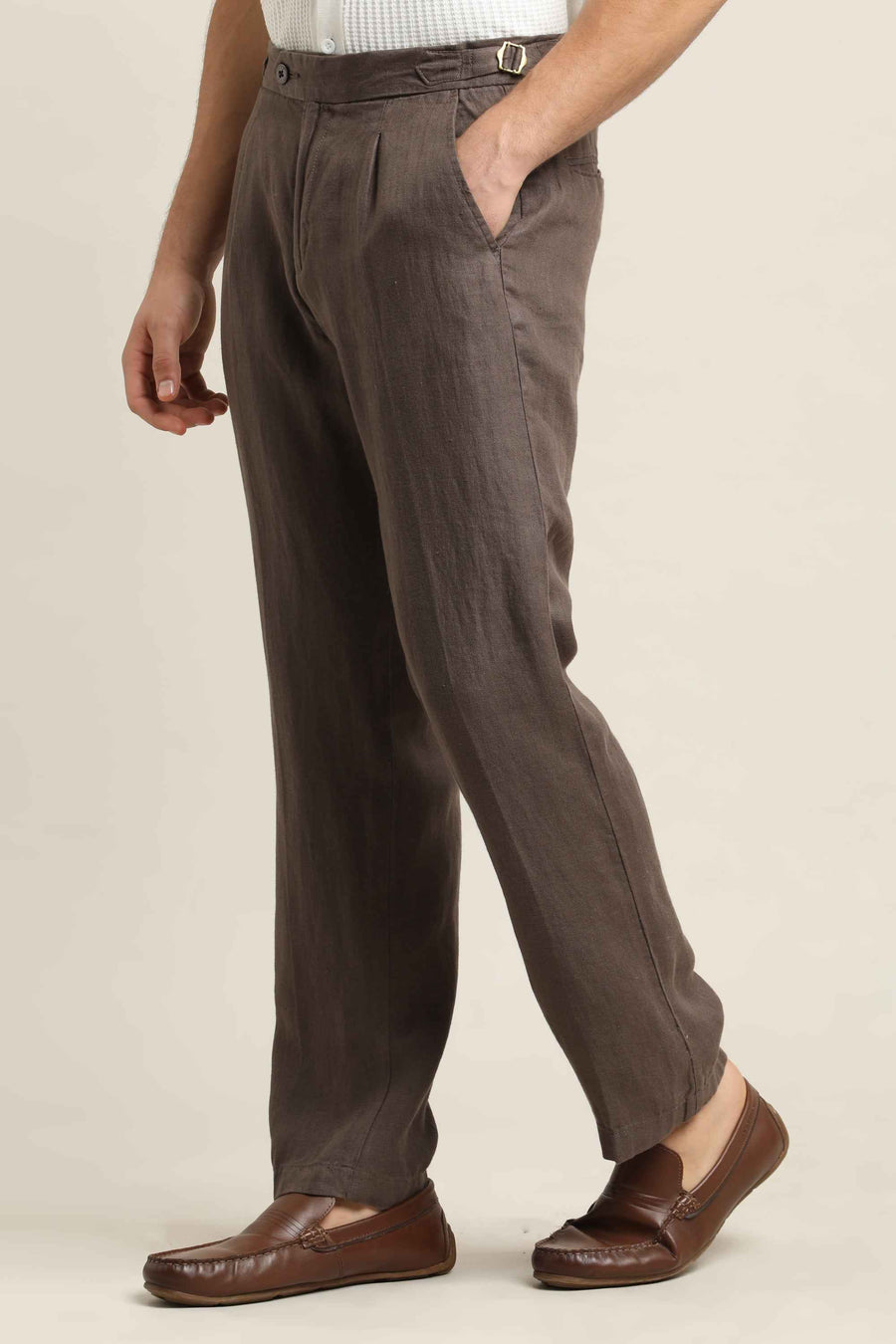 Pure Linen Pleated Trouser – Chocolate Brown