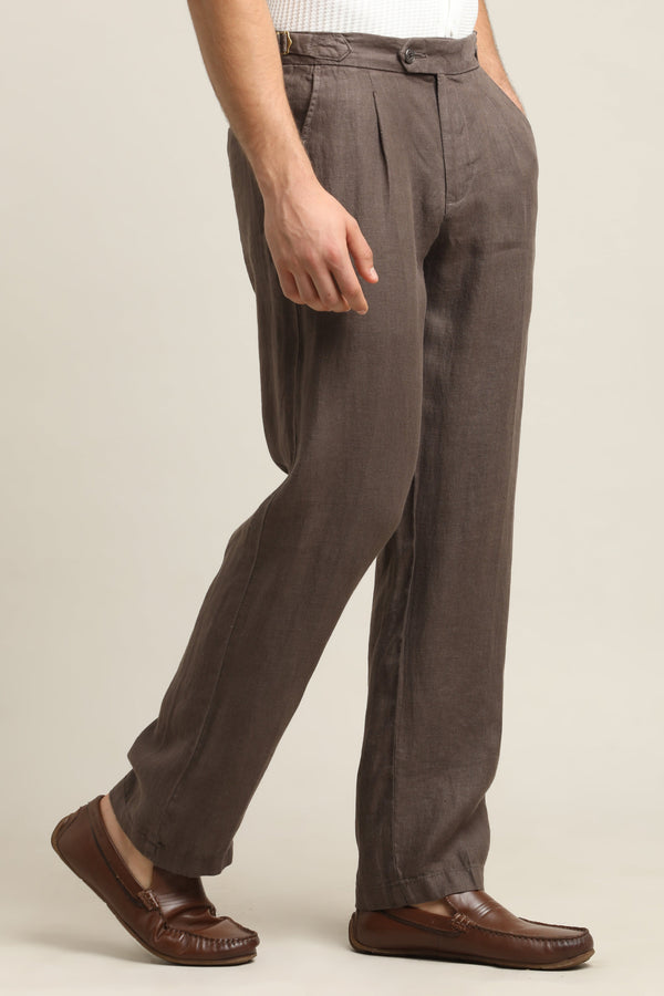 Pure Linen Pleated Trouser - Chocolate Brown (image 2)