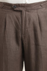 IVYN Pure Linen Pleated Trouser back view in Chocolate Brown