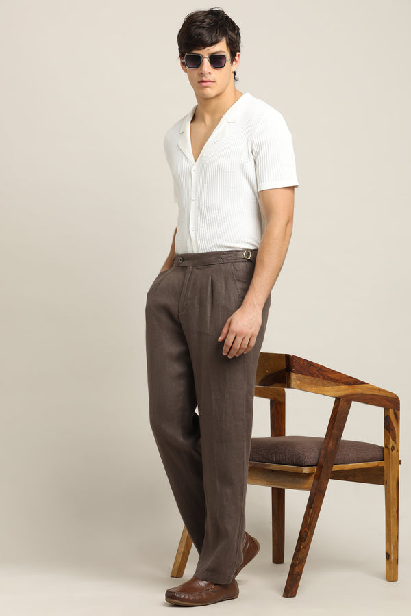 Pure Linen Pleated Trouser - Chocolate Brown alternate view