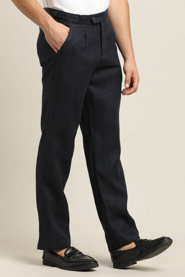 Pure Linen Pleated Trouser - Navy Blue (image 1)