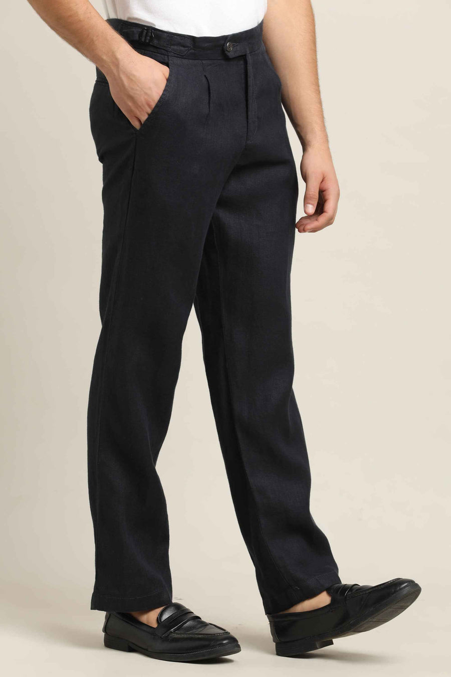 Pure Linen Pleated Trouser – Navy Blue