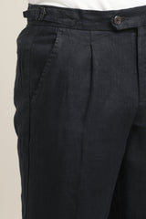 IVYN Pure Linen Pleated Trouser in Navy Blue