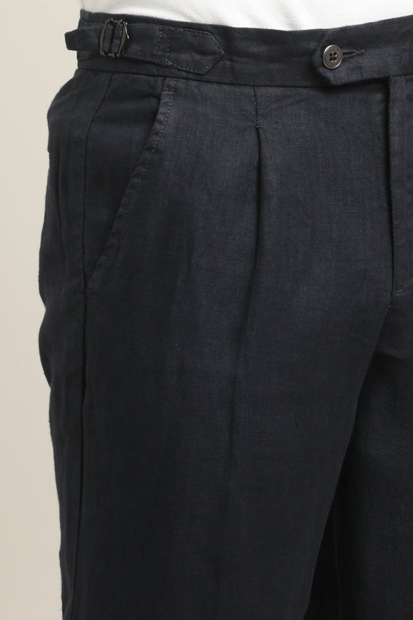 Pure Linen Pleated Trouser - Navy Blue (image 4)