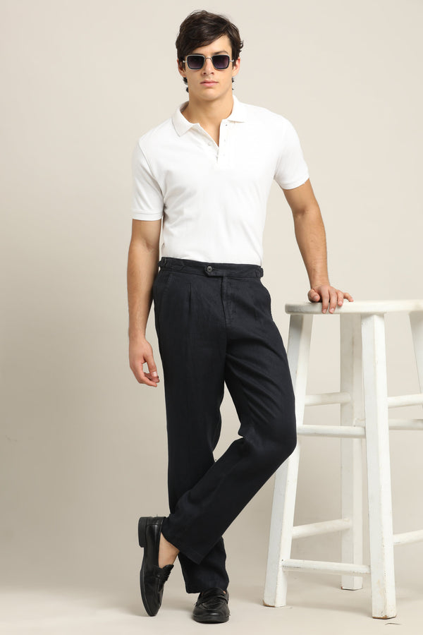 Pure Linen Pleated Trouser - Navy Blue alternate view