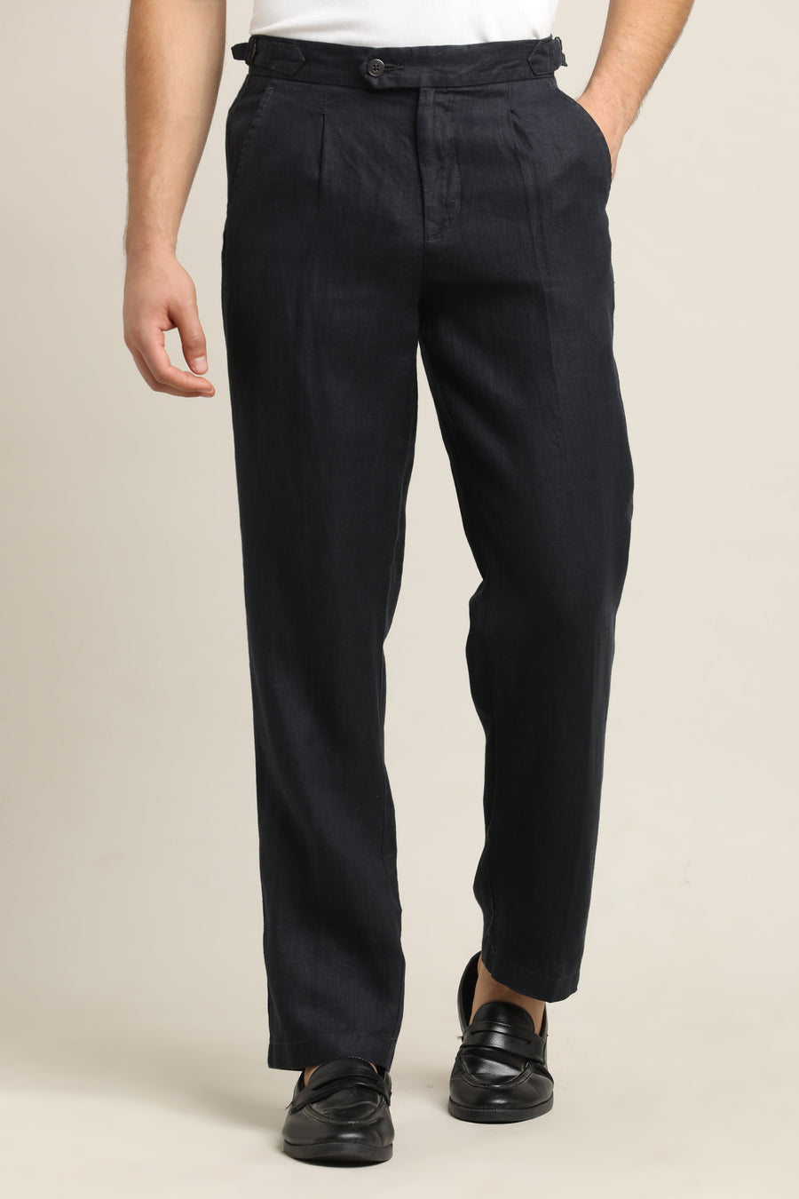 IVYN Pure Linen Pleated Trouser in Navy Blue