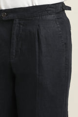 IVYN Pure Linen Pleated Trouser back view in Navy Blue