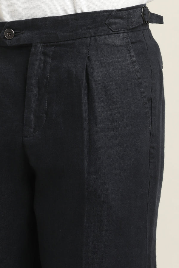 Pure Linen Pleated Trouser - Navy Blue (image 3)