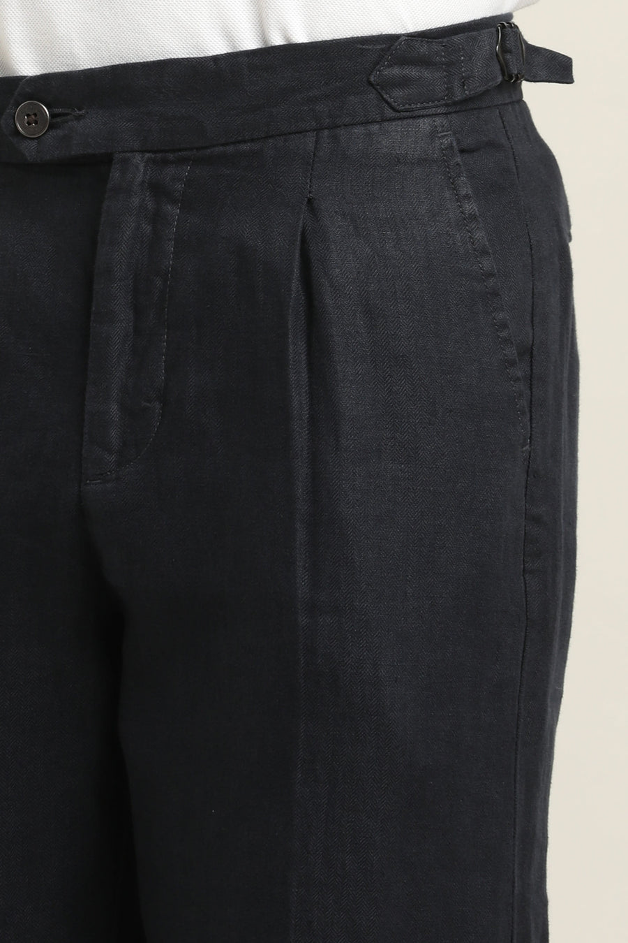 IVYN Pure Linen Pleated Trouser back view in Navy Blue