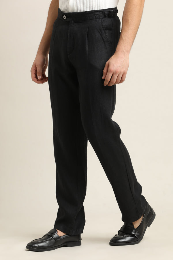 Pure Linen Pleated Trouser - Jet Black