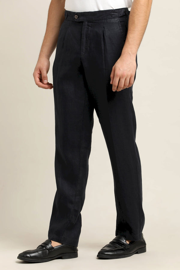 Pure Linen Pleated Trouser - Navy Blue