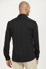 Dark Black Classic Slim Fit Self Design Textured Casual Shirt - IVYN
