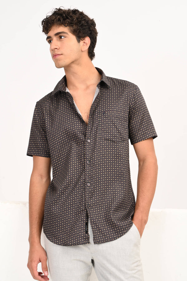 Dark Charcoal Microprint Half Sleeve Casual Shirt (image 5)