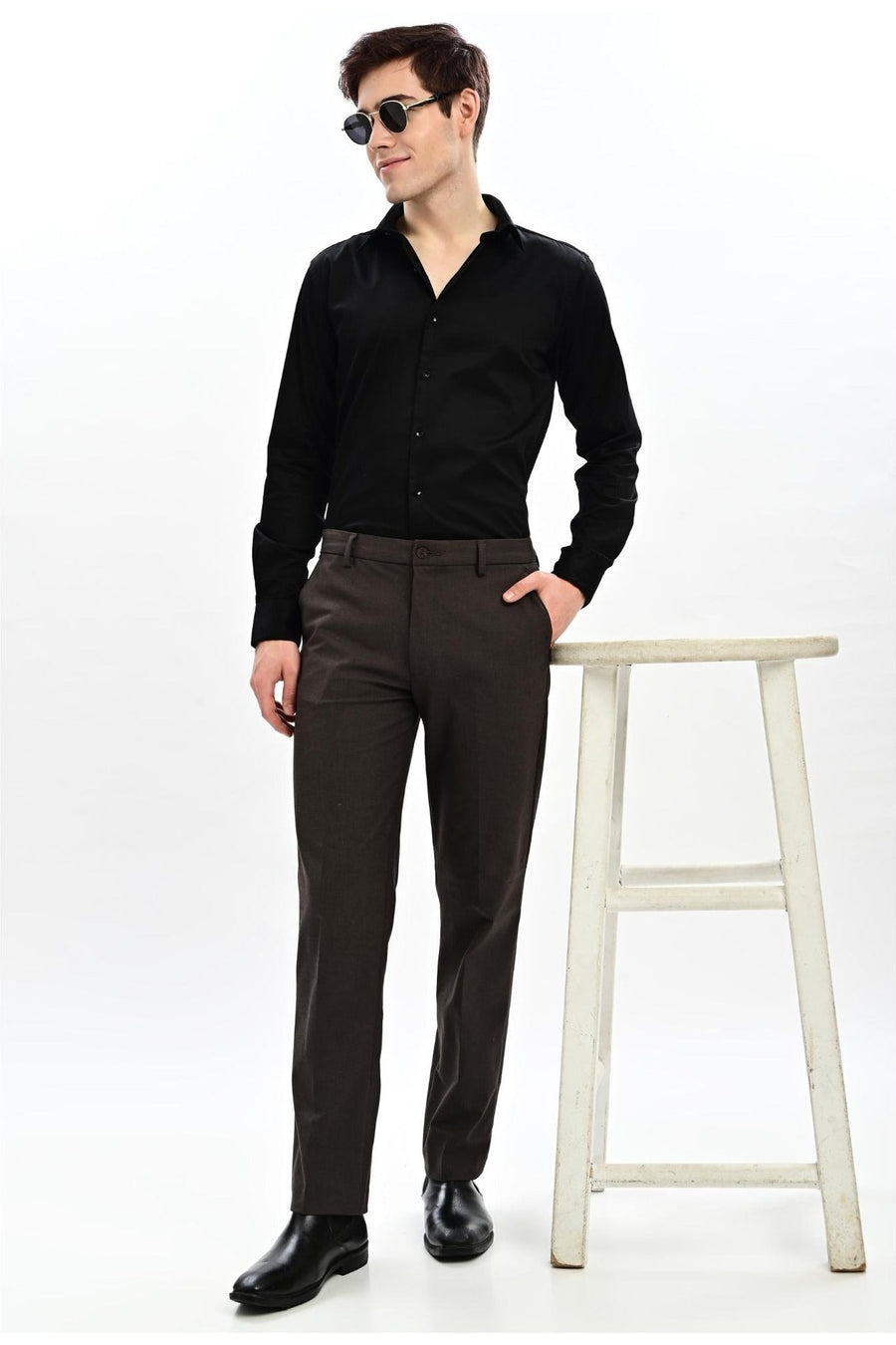 Espresso Mélange Brown Straight Fit Formal Trousers