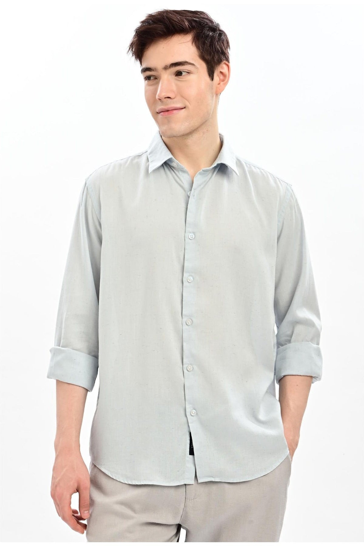 Ice Blue Cotton-Linen Relaxed Fit Shirt
