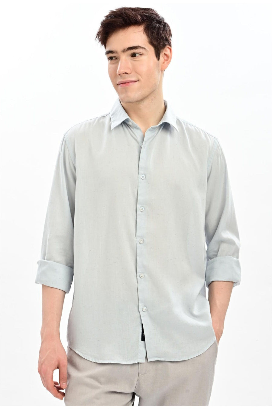 Ice Blue Cotton-Linen Relaxed Fit Shirt