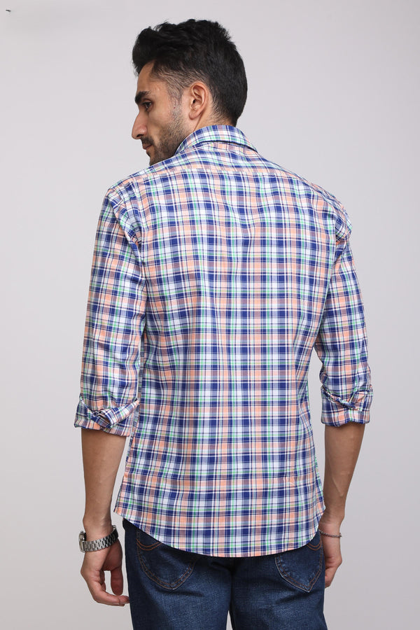 Classic Blue and Orange Plaid Casual Check Shirt — view 3