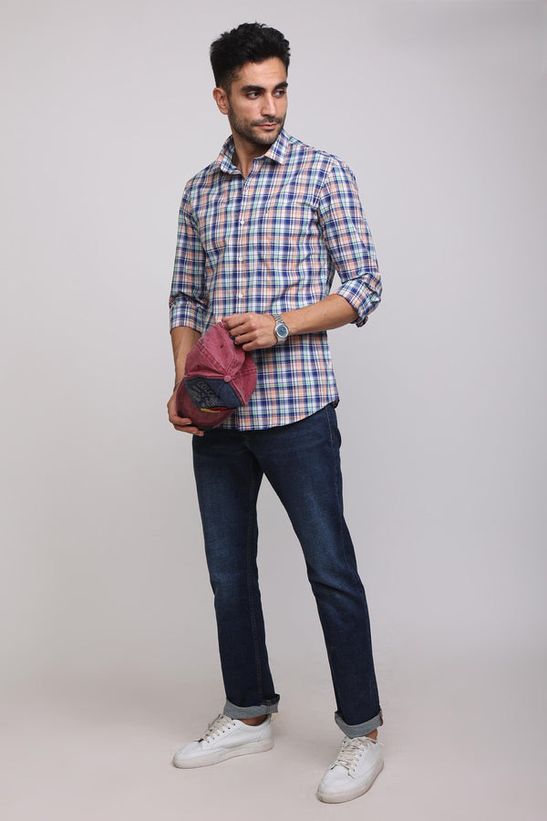 Classic Blue and Orange Plaid Casual Check Shirt — view 4