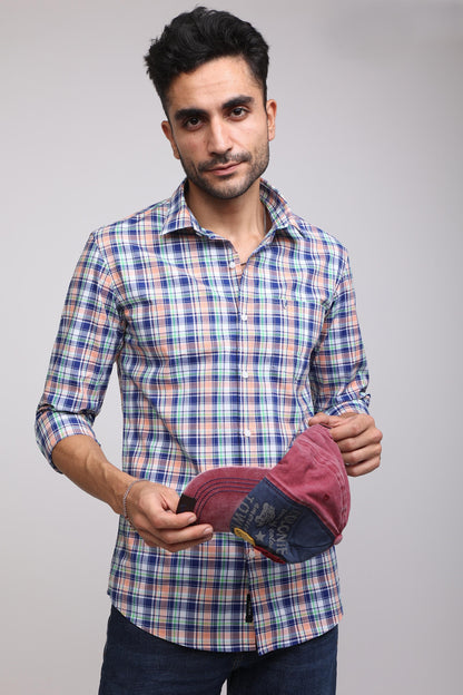 Classic Blue and Orange Plaid Casual Check Shirt - IVYN