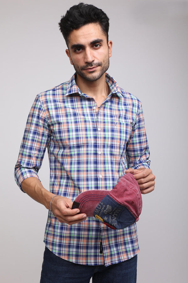 Classic Blue and Orange Plaid Casual Check Shirt — view 5