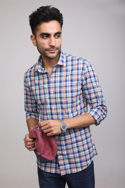 Classic Blue and Orange Plaid Casual Check Shirt - IVYN