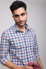 Classic Blue and Orange Plaid Casual Check Shirt - IVYN