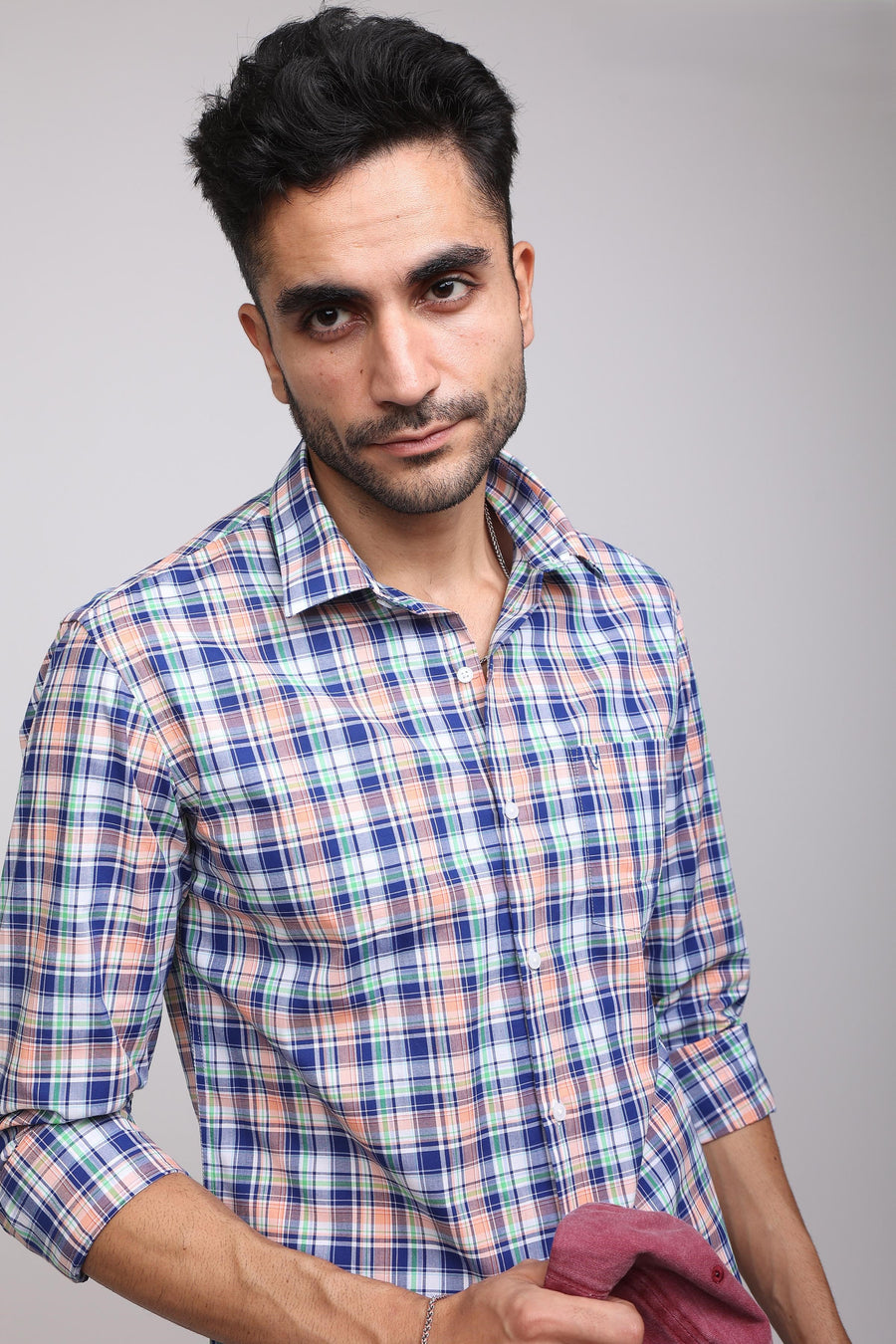 Classic Blue and Orange Plaid Casual Check Shirt - IVYN