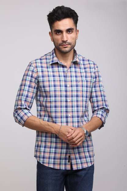 Classic Blue and Orange Plaid Casual Check Shirt - IVYN