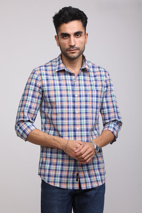 Classic Blue and Orange Plaid Casual Check Shirt