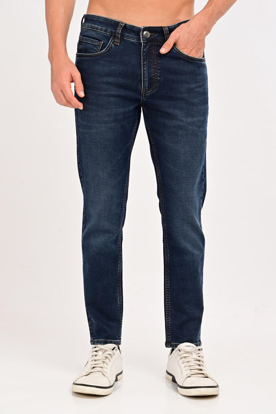 Front view of IVYN Arden Deep Indigo Wash ankle-fit jeans