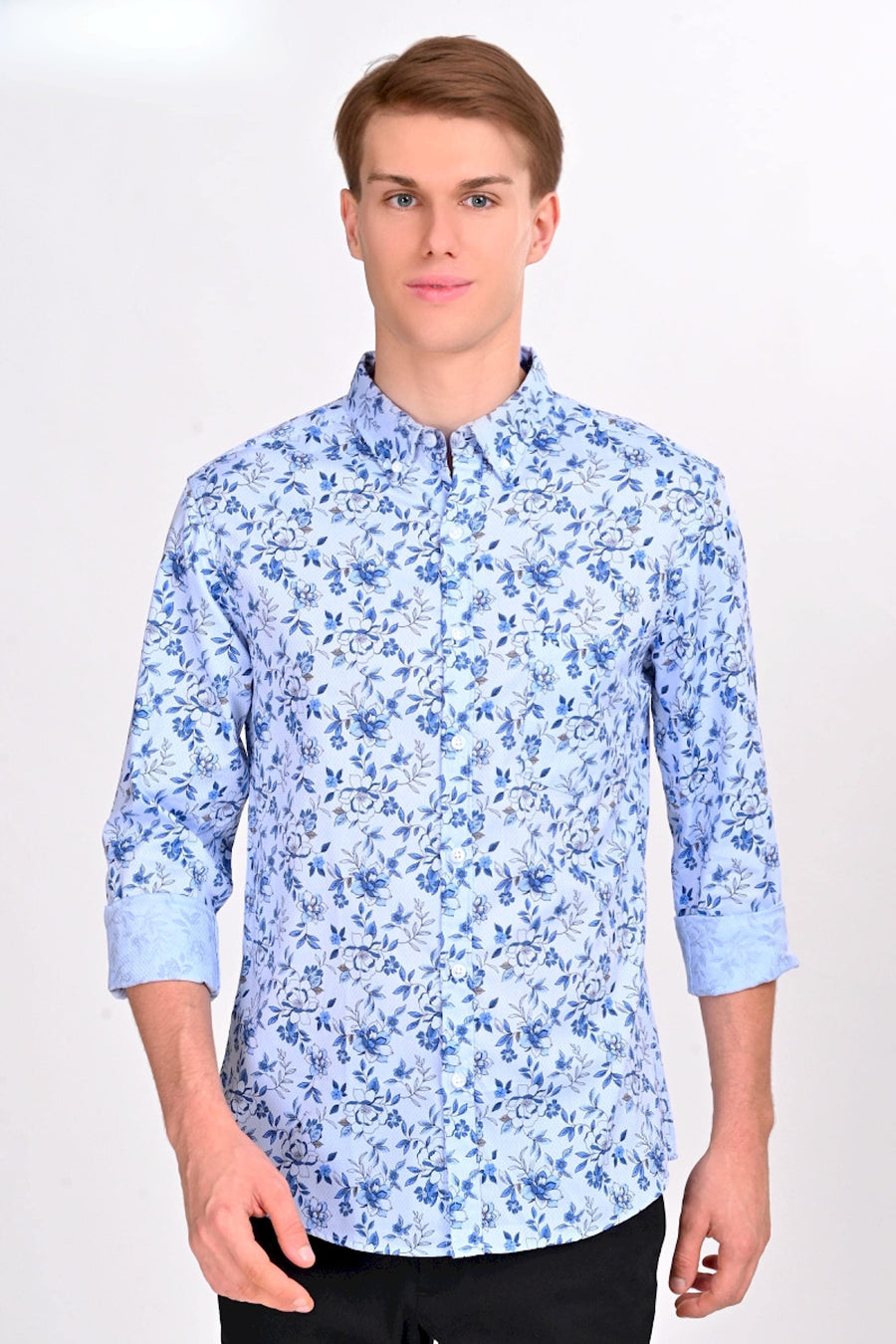 White & Blue Floral Printed Shirt
