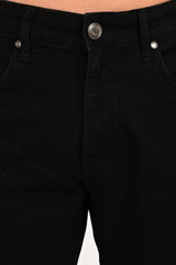 IVYN metal button, waistband and fly detail on Jet Black jeans