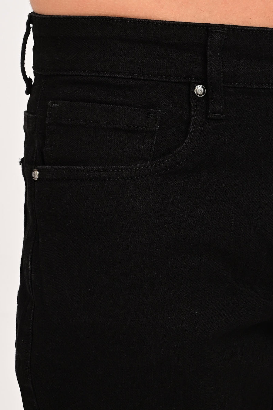 Front pocket, coin pocket and rivet detail on IVYN Jet Black jeans