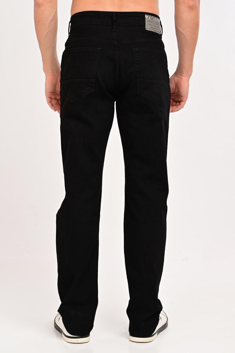 Back view of IVYN Camden Jet Black straight-fit jeans